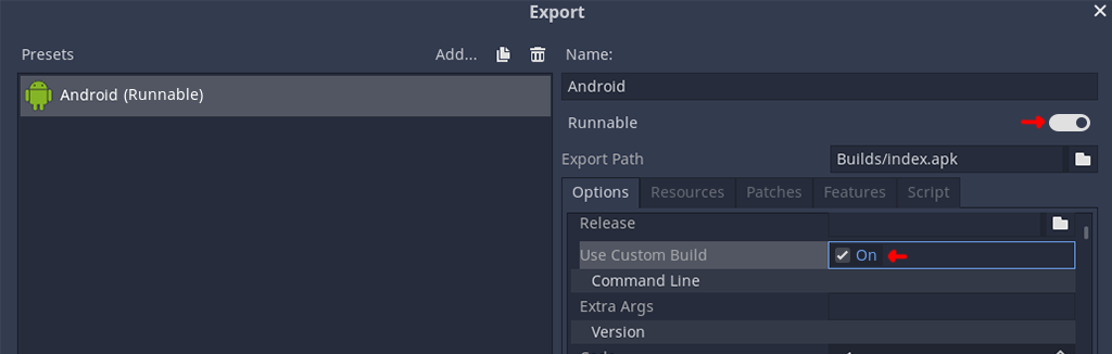 Navigate to custom build option Godot android export