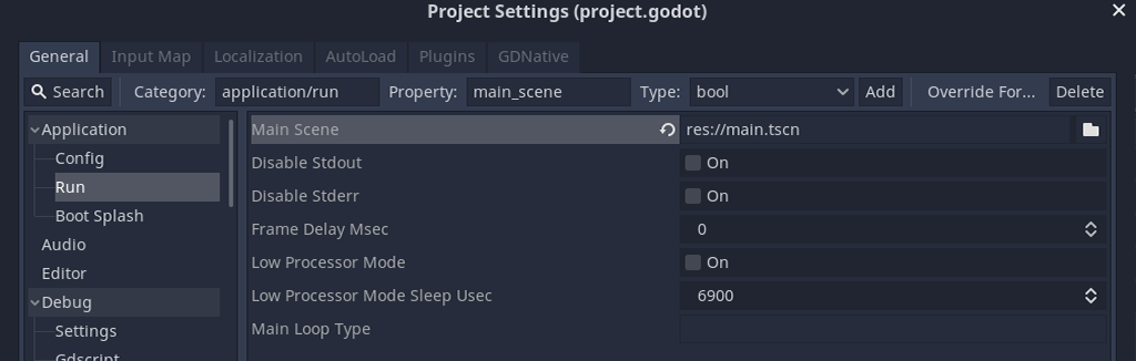 Set the main scene in Godot