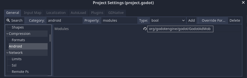 Go to Modules in Godot and add text