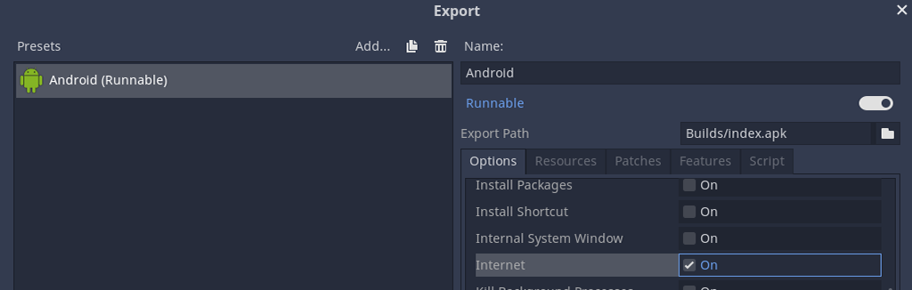 Toggle Internet on in Godot Android export menu