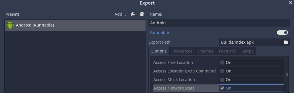 Toggle Access Network State on in Godot Android export menu