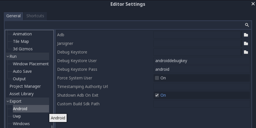 Displays how to find Android settings in the Editor Menu of Godot