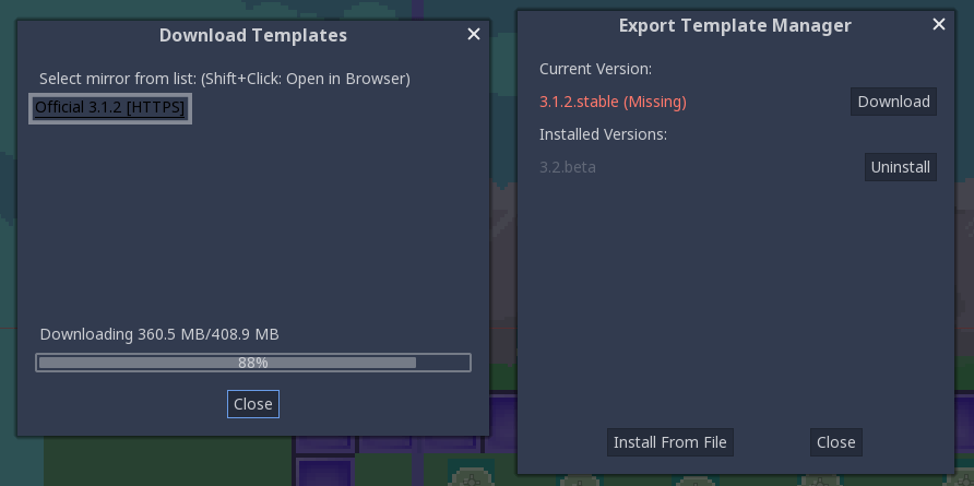 Godot downloading an export template using the official link