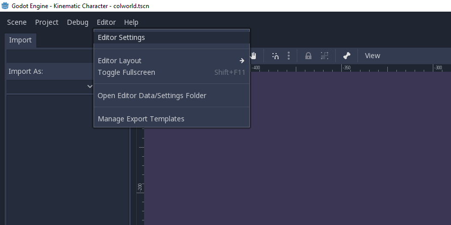 Shows where the Editor Settings button is in the Godot Engine