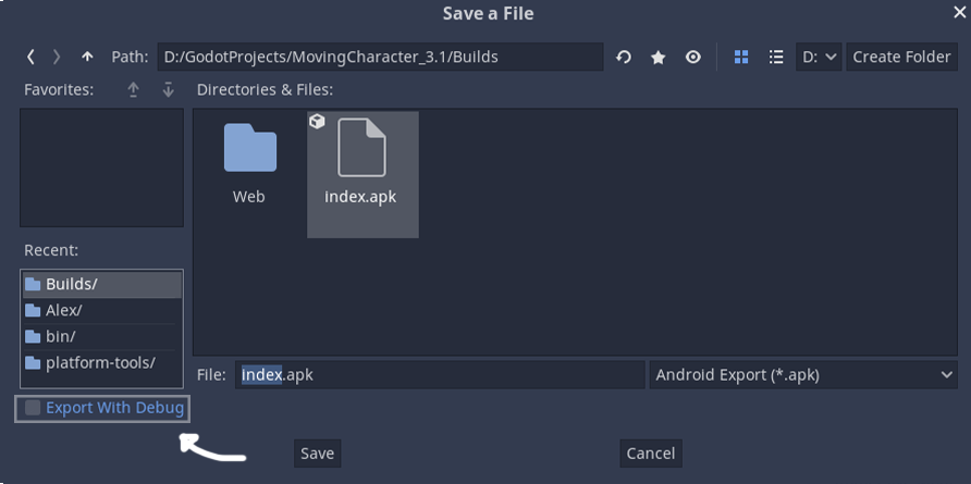 Disable export with debug when saving