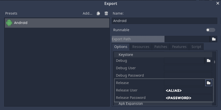 DIsplays how to set the release keystore for android export