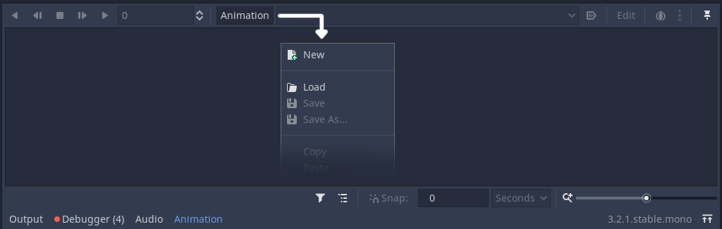 Animation panel in Godot that displays how to create a new animation