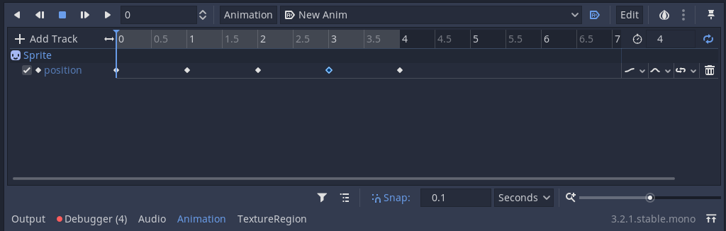 Animation window in Godot, displaying keyframes that move an object