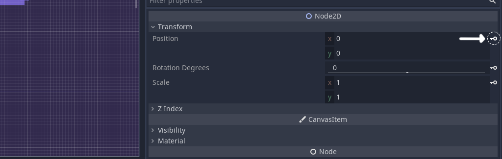 View of Node2D properties in Godot, how to add a keyframe to move an objects position